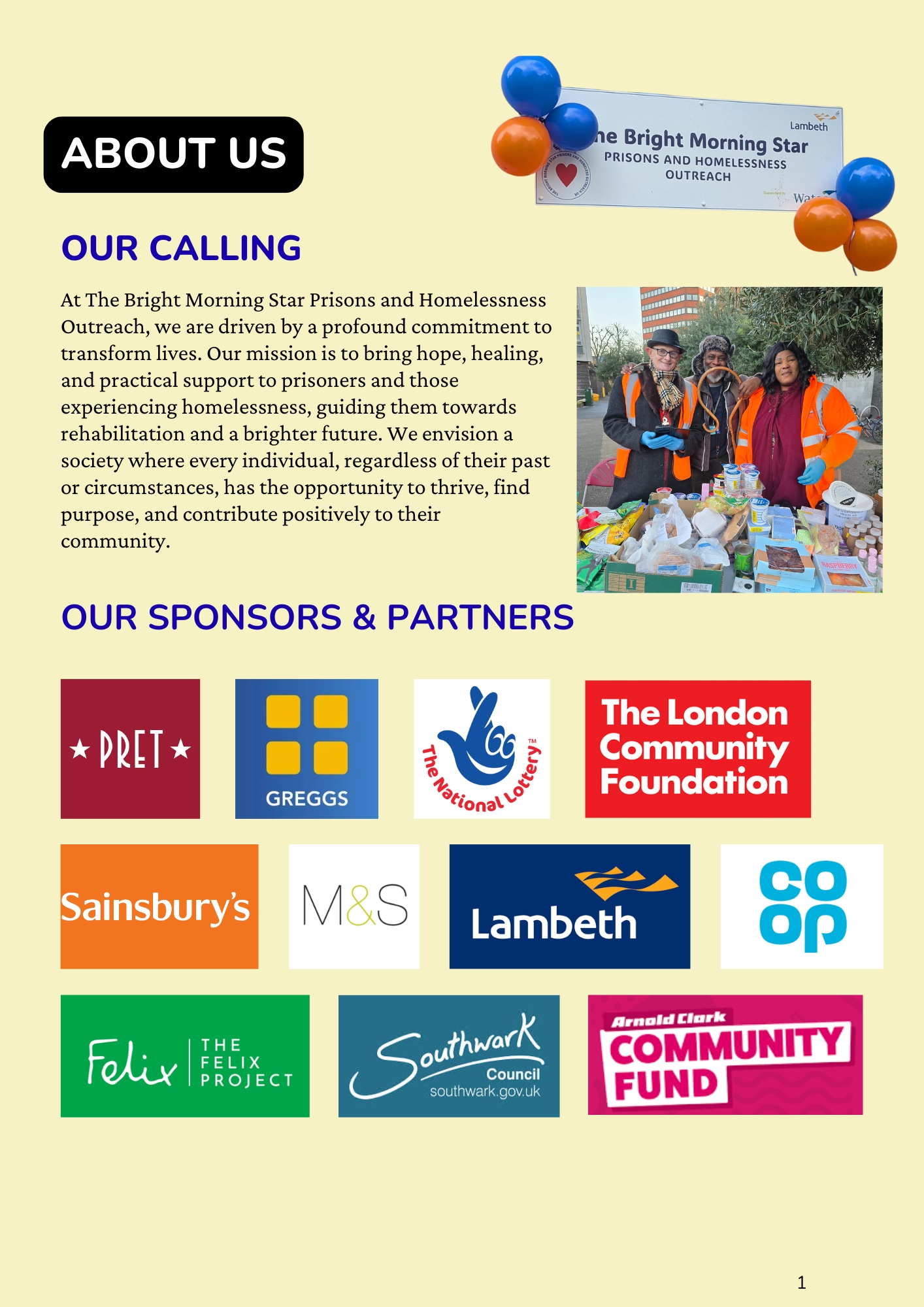 Our Sponsors and Partners including Pret, Greggs, National Lottery, London Community Foundation, Sainsbury's, M&S, Lambeth, Co-op, Felix Project, Southwark Council, and Arnold Clark Community Fund